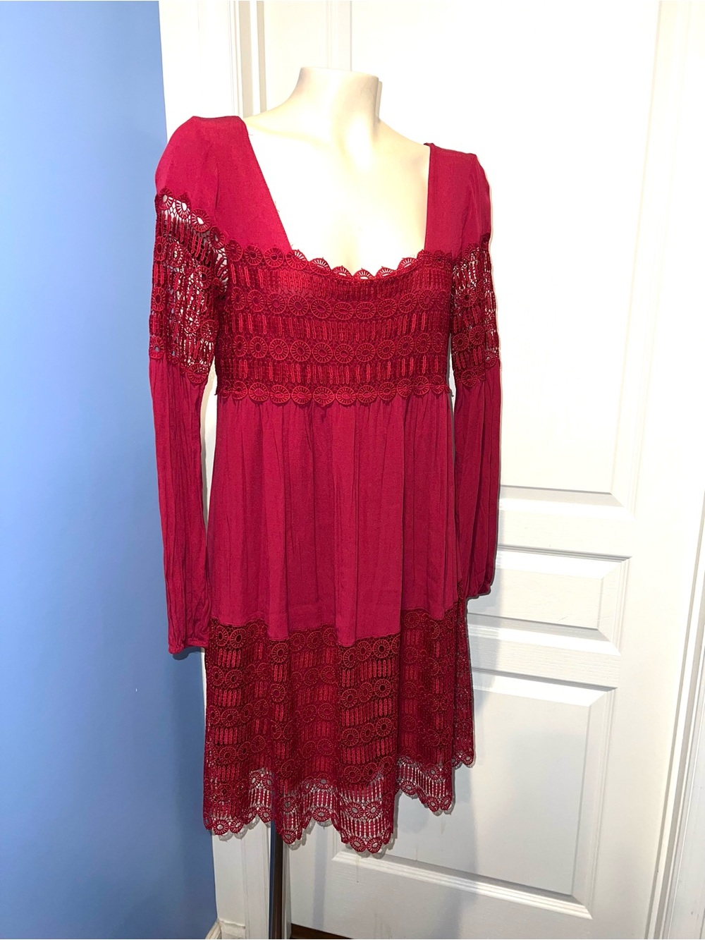 Anthropologie Burgundy Lace-Panel Mini Dress